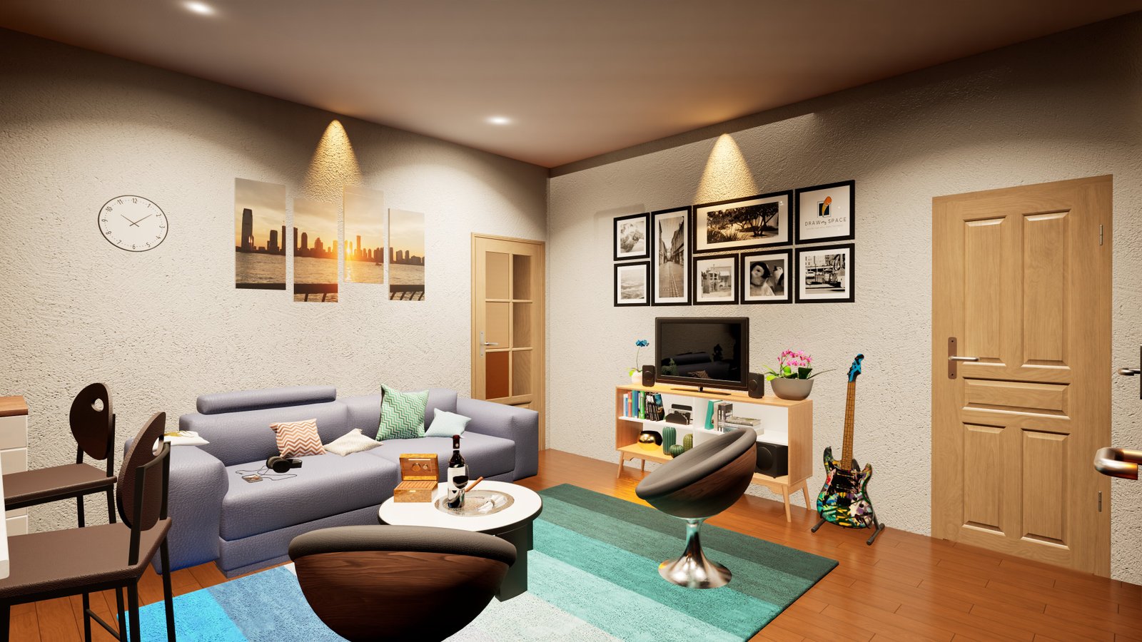 Rendering of a basement living room being finished as secondary dwelling rental unit,located in Oakville, Ontario.